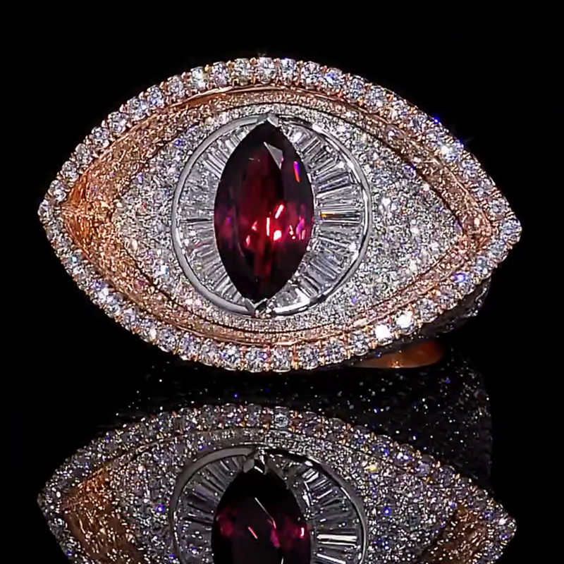 4.5ct Marquise Cut Garnet Pave Set Two-Tone Evil Eye Men's Ring