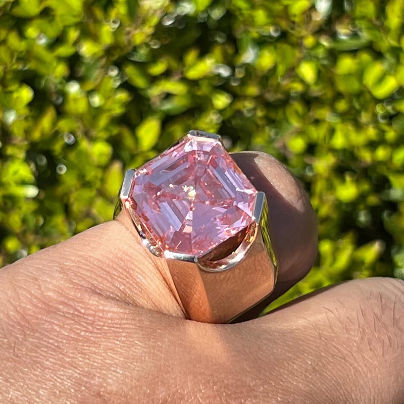 15ct Asscher Cut Pink Sapphire Minimalistic Yellow Gold Handmade Men's Ring