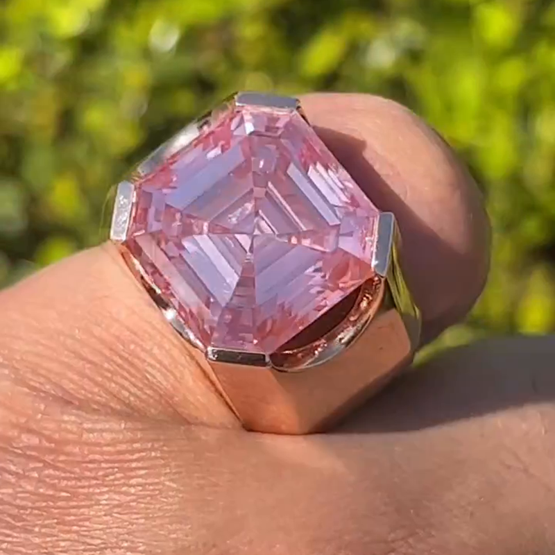 15ct Asscher Cut Pink Sapphire Minimalistic Yellow Gold Handmade Men's Ring