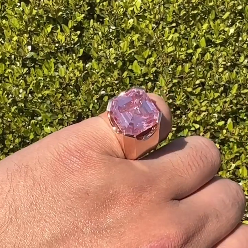 15ct Asscher Cut Pink Sapphire Minimalistic Yellow Gold Handmade Men's Ring