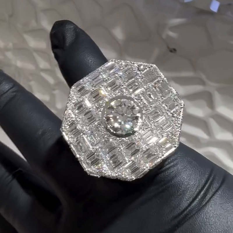 3ct Round Cut Center Stone With Emerald Cut Side Stones White Sapphire Luxury Handmade Men's Ring