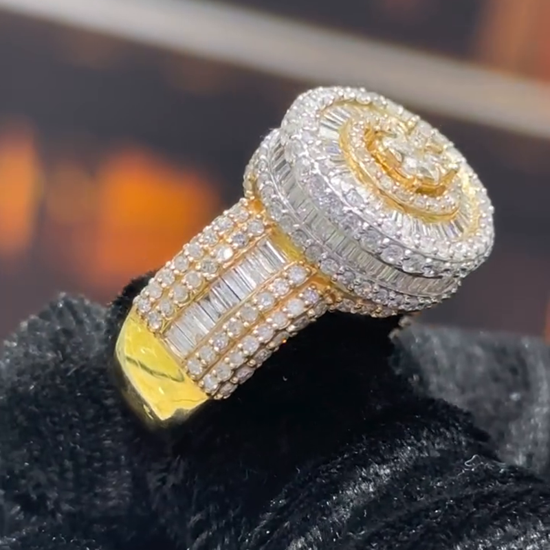 2.35ct Round Cut White Sapphire Center Stone With Baguette Cut Side Stones Two-Tone Handmade Men's Ring