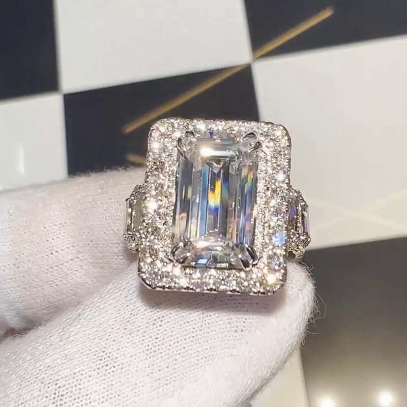 15ct Emerald Cut White Sapphire Halo Eternity Handmade Sterling Silver Ring