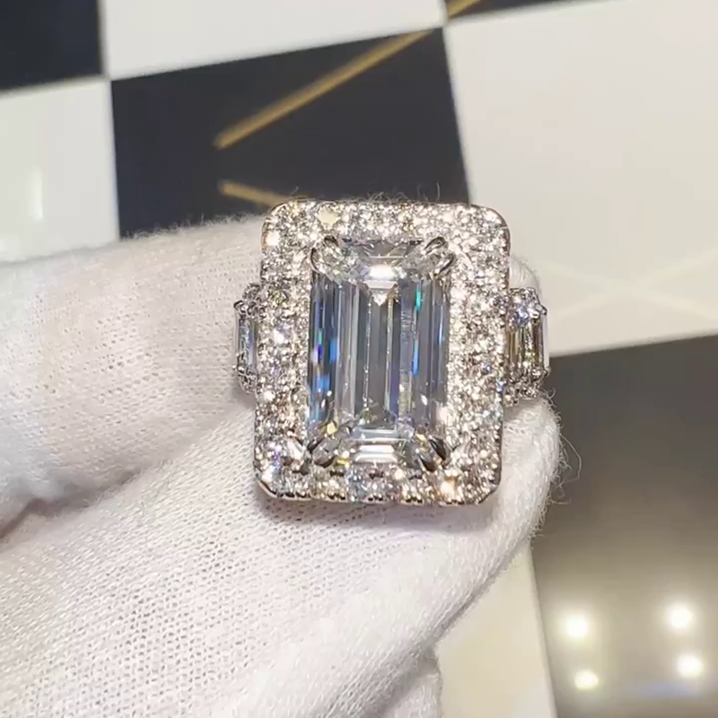 15ct Emerald Cut White Sapphire Halo Eternity Handmade Sterling Silver Ring