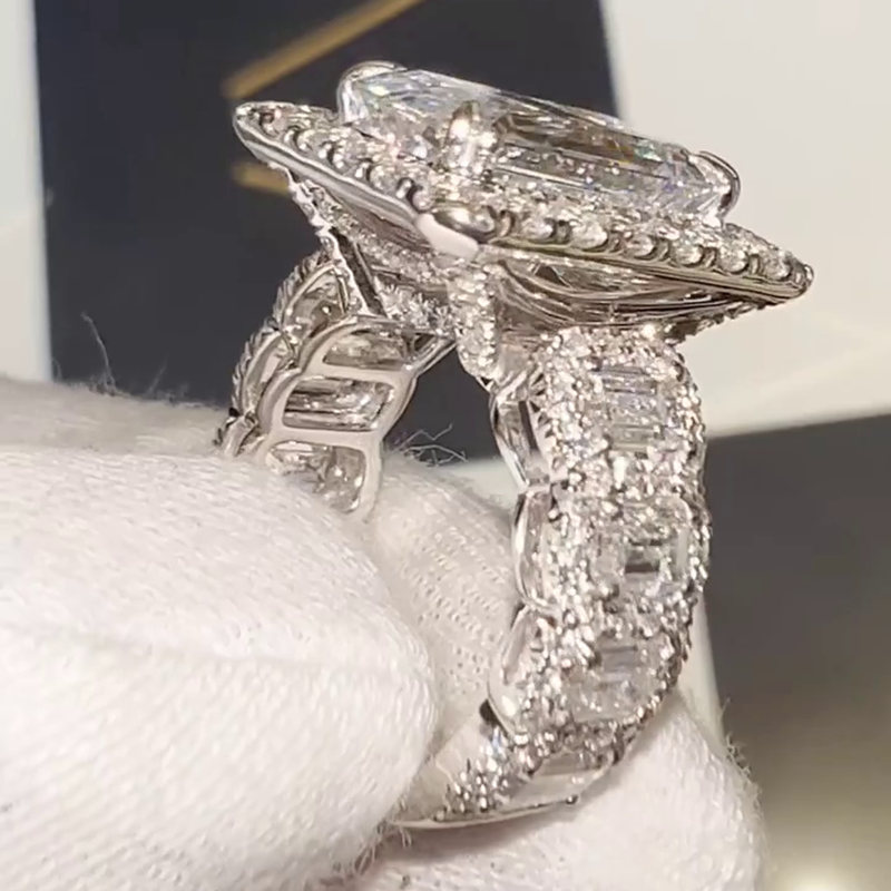 15ct Emerald Cut White Sapphire Halo Eternity Handmade Sterling Silver Ring