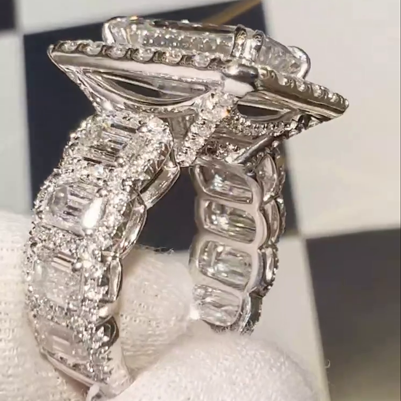 15ct Emerald Cut White Sapphire Halo Eternity Handmade Sterling Silver Ring