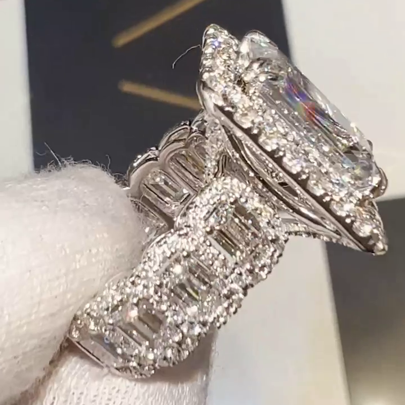 15ct Emerald Cut White Sapphire Halo Eternity Handmade Sterling Silver Ring