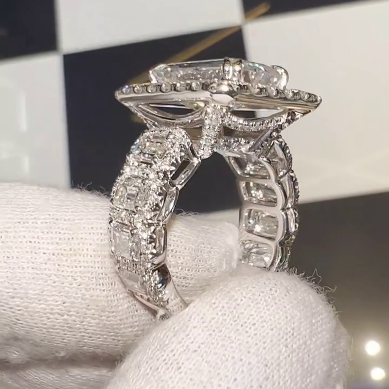 15ct Emerald Cut White Sapphire Halo Eternity Handmade Sterling Silver Ring