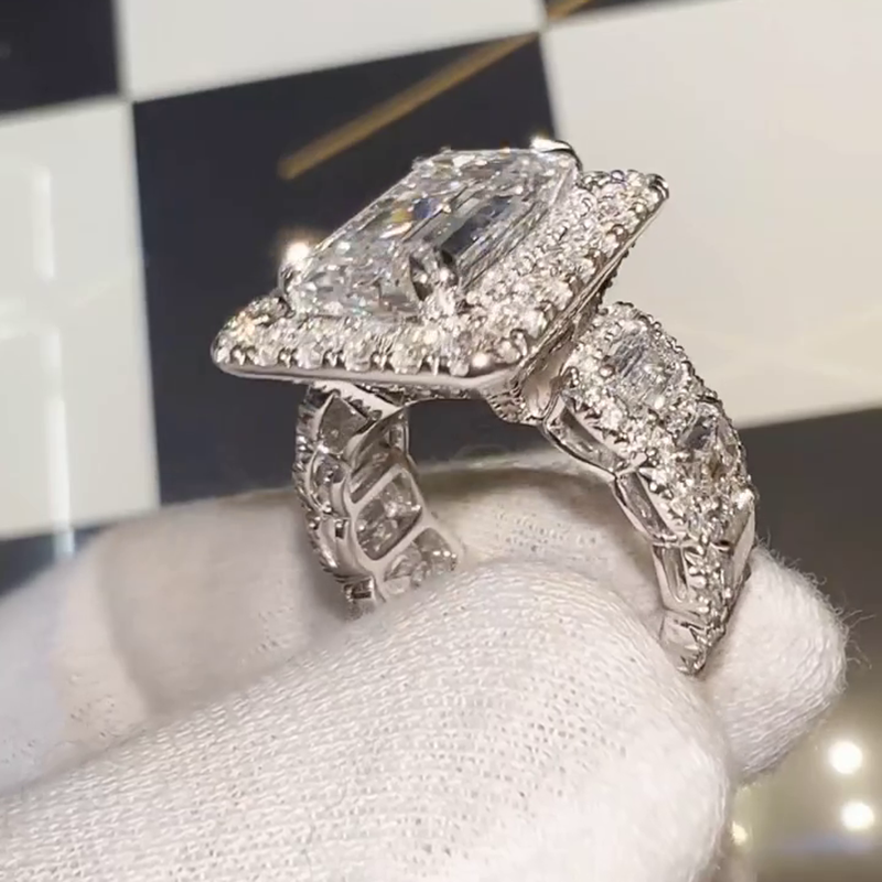 15ct Emerald Cut White Sapphire Halo Eternity Handmade Sterling Silver Ring