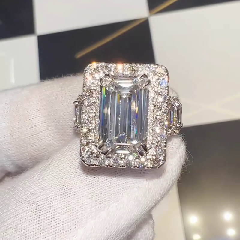 15ct Emerald Cut White Sapphire Halo Eternity Handmade Sterling Silver Ring