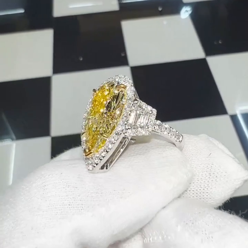 10ct Pear Cut Yellow Sapphire Halo Pave Set Handmade Sterling Silver Ring