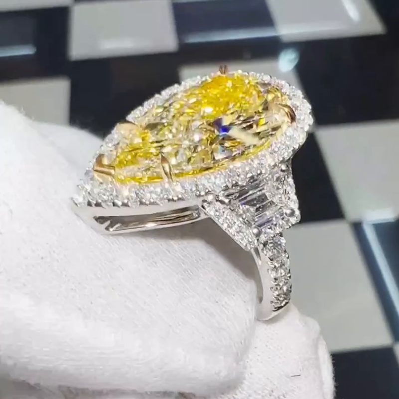 10ct Pear Cut Yellow Sapphire Halo Pave Set Handmade Sterling Silver Ring