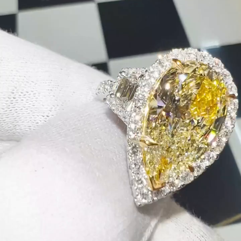 10ct Pear Cut Yellow Sapphire Halo Pave Set Handmade Sterling Silver Ring