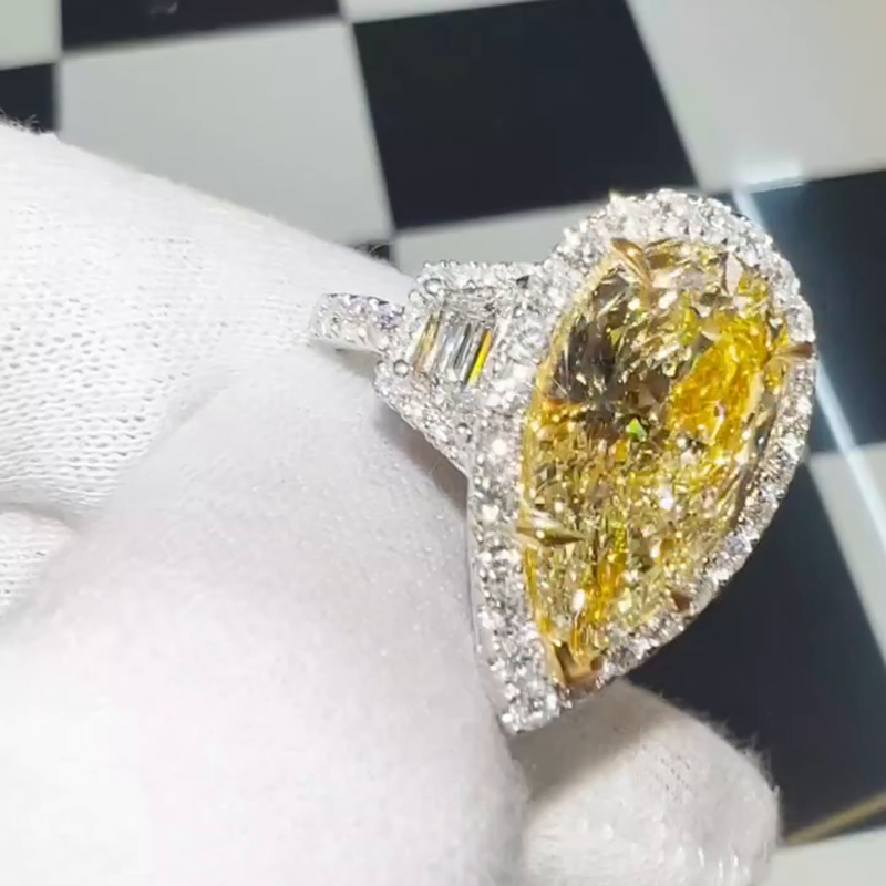 10ct Pear Cut Yellow Sapphire Halo Pave Set Handmade Sterling Silver Ring