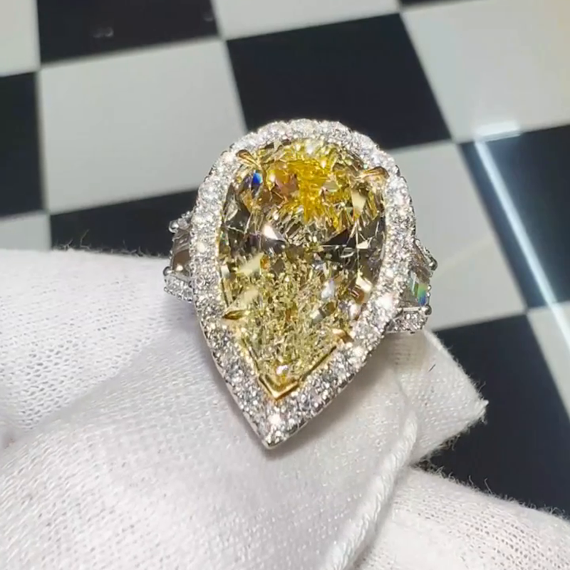 10ct Pear Cut Yellow Sapphire Halo Pave Set Handmade Sterling Silver Ring