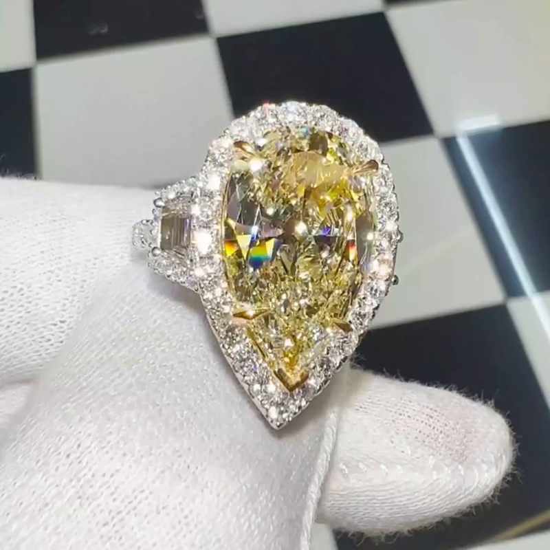 10ct Pear Cut Yellow Sapphire Halo Pave Set Handmade Sterling Silver Ring