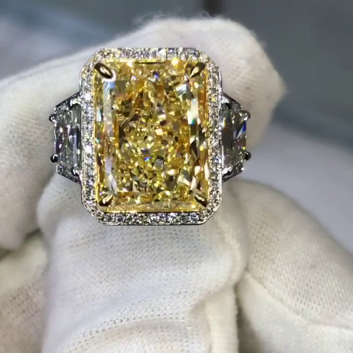 10ct Radiant Cut Fancy Yellow Sapphire Halo Three-Stone Handmade Sterling Silver Ring