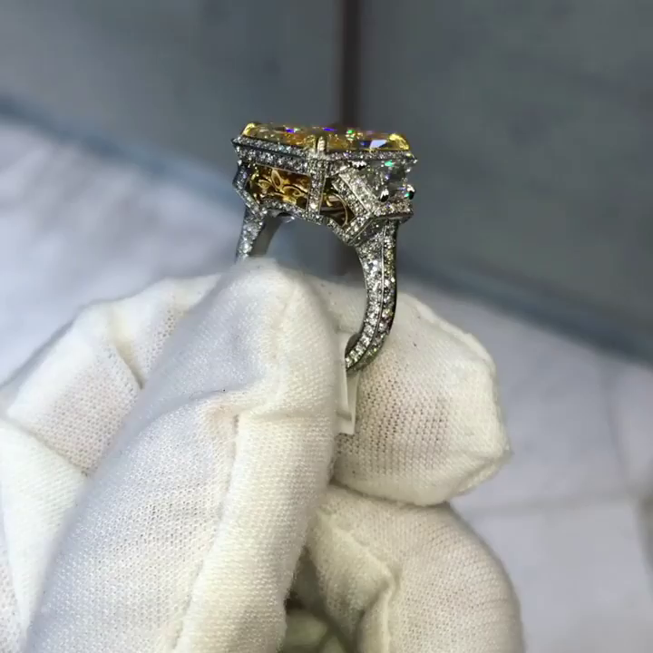 10ct Radiant Cut Fancy Yellow Sapphire Halo Three-Stone Handmade Sterling Silver Ring