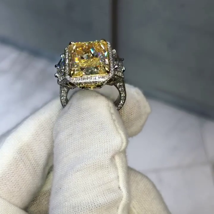 10ct Radiant Cut Fancy Yellow Sapphire Halo Three-Stone Handmade Sterling Silver Ring