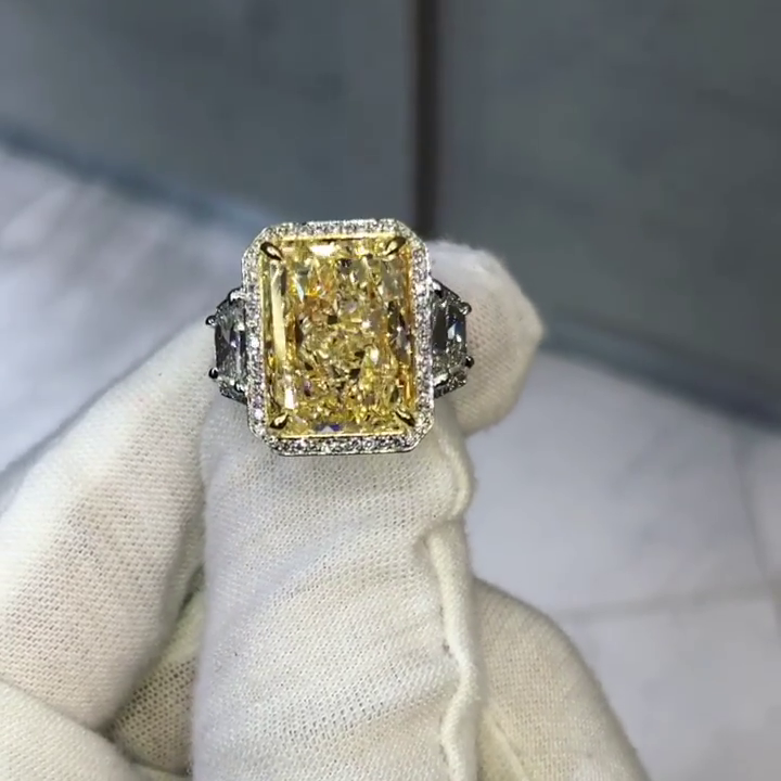 10ct Radiant Cut Fancy Yellow Sapphire Halo Three-Stone Handmade Sterling Silver Ring