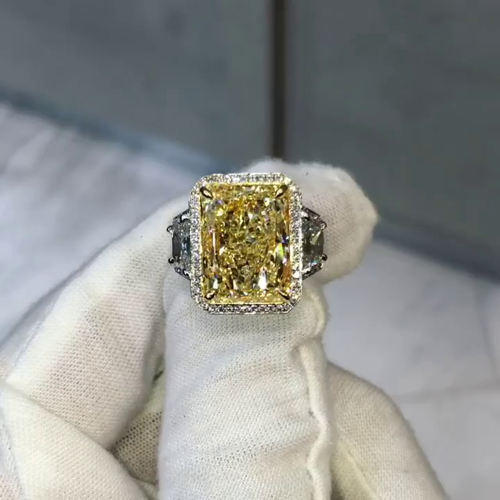 10ct Radiant Cut Fancy Yellow Sapphire Halo Three-Stone Handmade Sterling Silver Ring