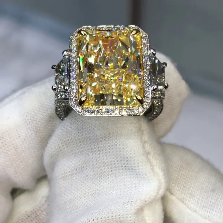 10ct Radiant Cut Fancy Yellow Sapphire Halo Three-Stone Handmade Sterling Silver Ring