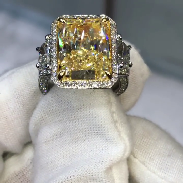 10ct Radiant Cut Fancy Yellow Sapphire Halo Three-Stone Handmade Sterling Silver Ring