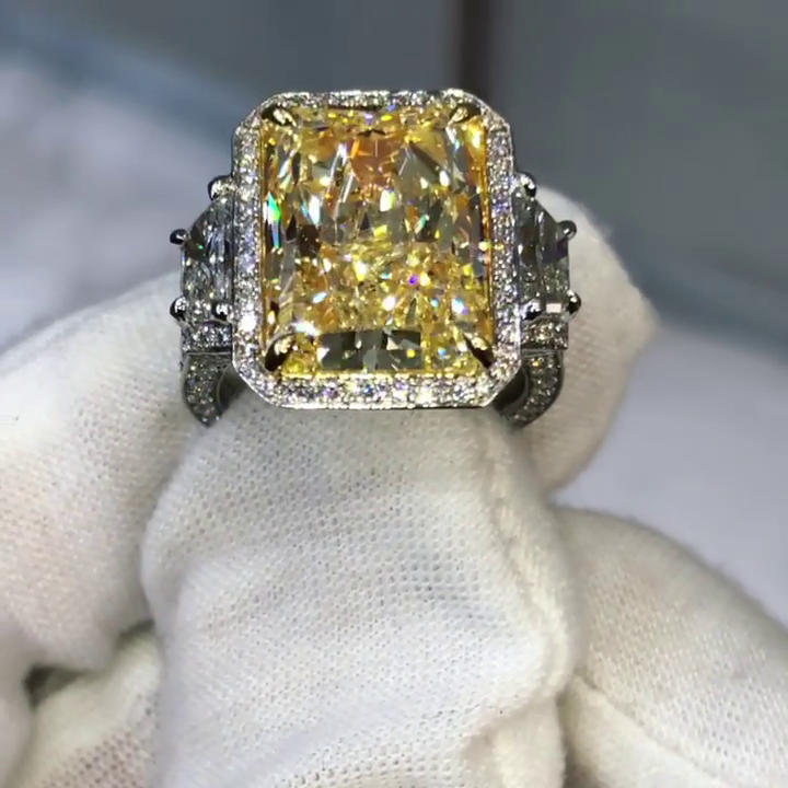 10ct Radiant Cut Fancy Yellow Sapphire Halo Three-Stone Handmade Sterling Silver Ring