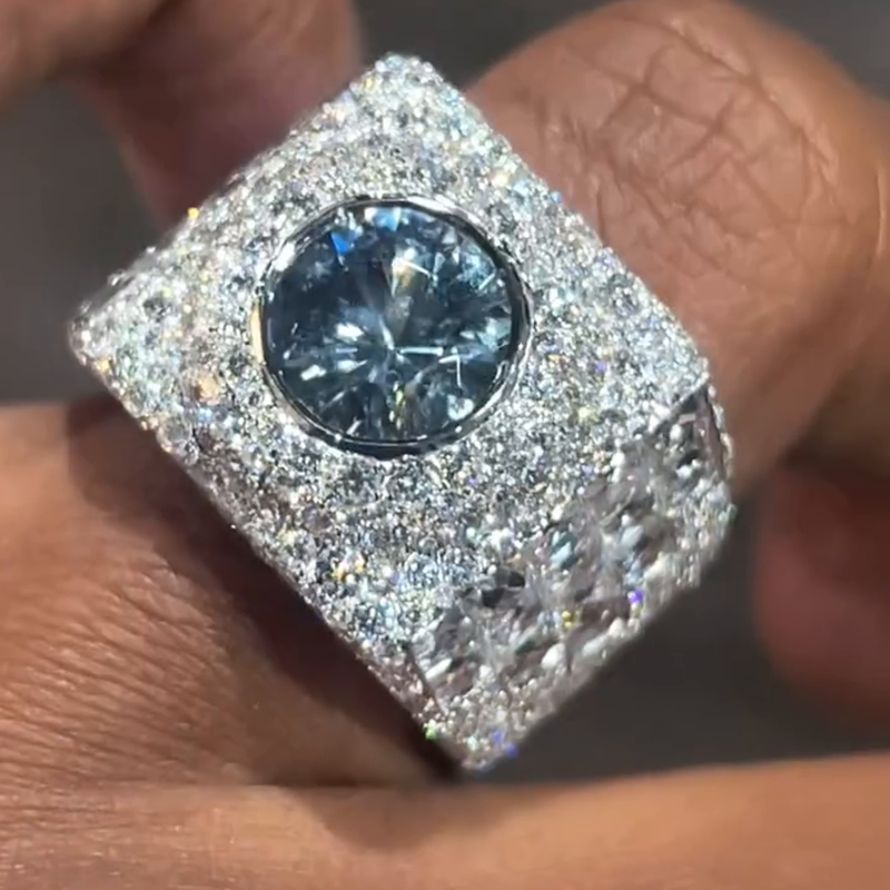 3ct Round Cut Aquamarine Pave Set Handmade Classic Men's Ring