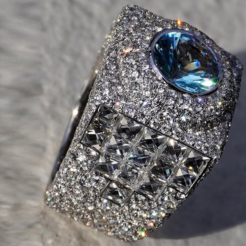 3ct Round Cut Aquamarine Pave Set Handmade Classic Men's Ring