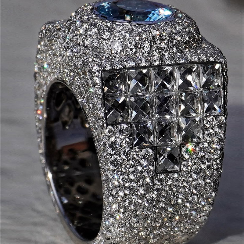 3ct Round Cut Aquamarine Pave Set Handmade Classic Men's Ring