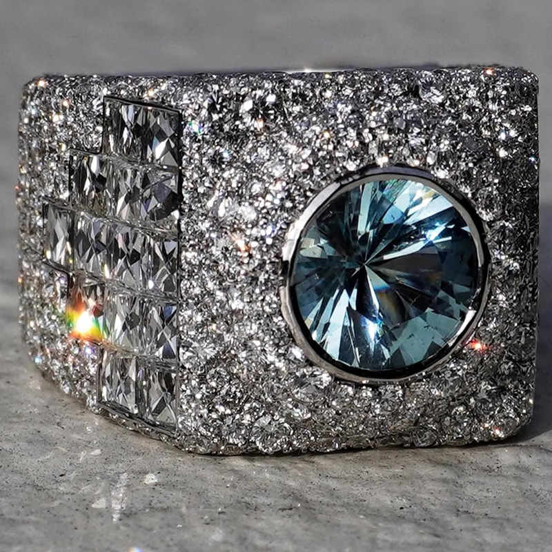 3ct Round Cut Aquamarine Pave Set Handmade Classic Men's Ring