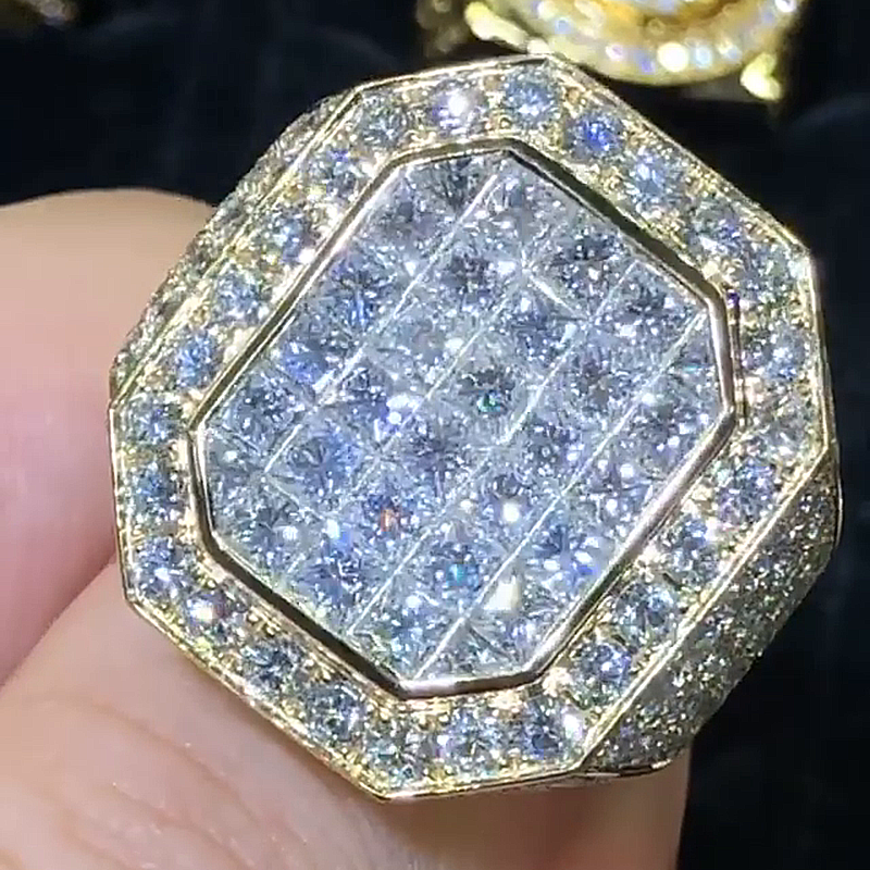 5ctw Princess Cut White Sapphire Pave Set Yellow Gold Handmade Men's Ring