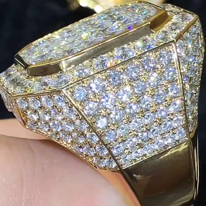 5ctw Princess Cut White Sapphire Pave Set Yellow Gold Handmade Men's Ring