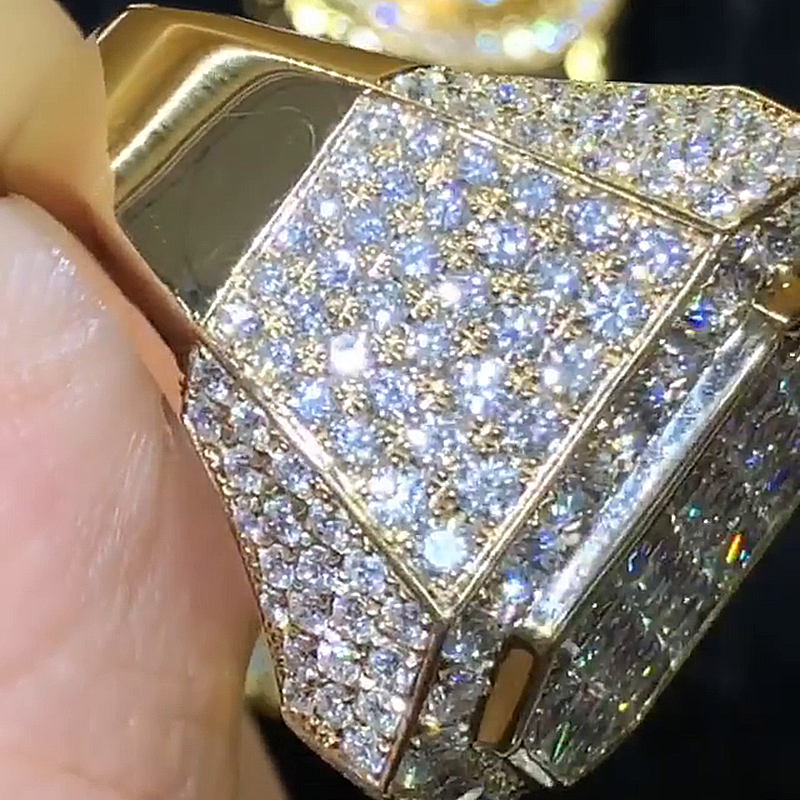 5ctw Princess Cut White Sapphire Pave Set Yellow Gold Handmade Men's Ring