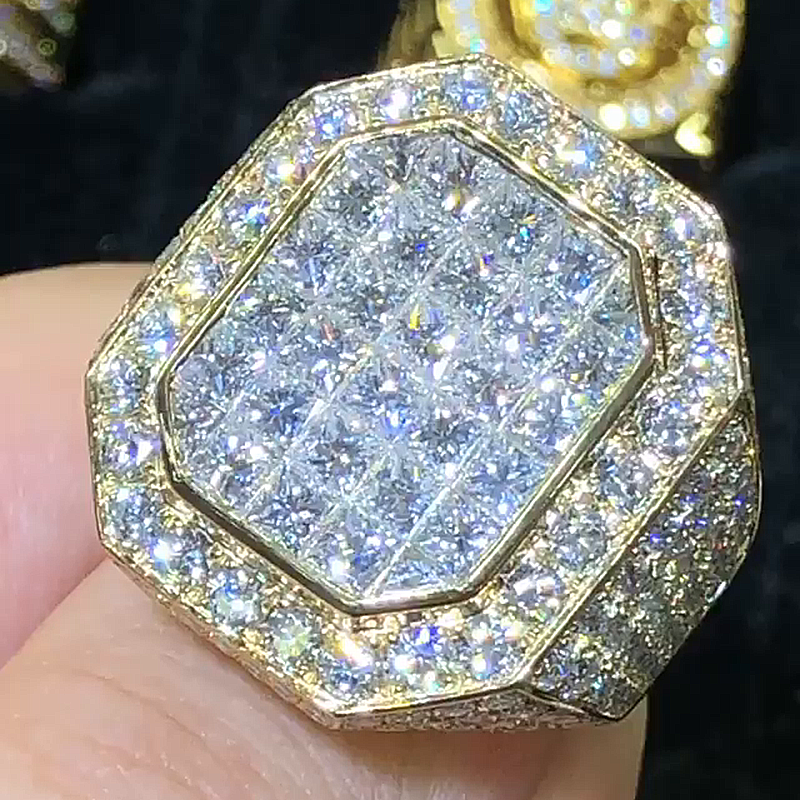 5ctw Princess Cut White Sapphire Pave Set Yellow Gold Handmade Men's Ring