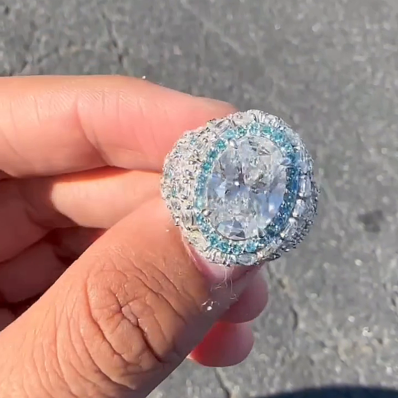 5ct Oval Cut White Sapphire With Aquamarine Halo Handmade Ring