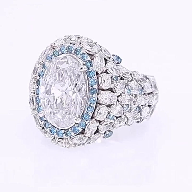 5ct Oval Cut White Sapphire With Aquamarine Halo Handmade Ring