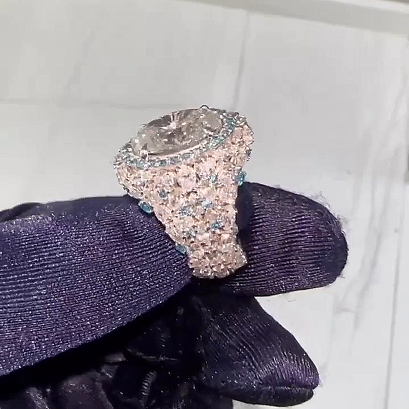 5ct Oval Cut White Sapphire With Aquamarine Halo Handmade Ring