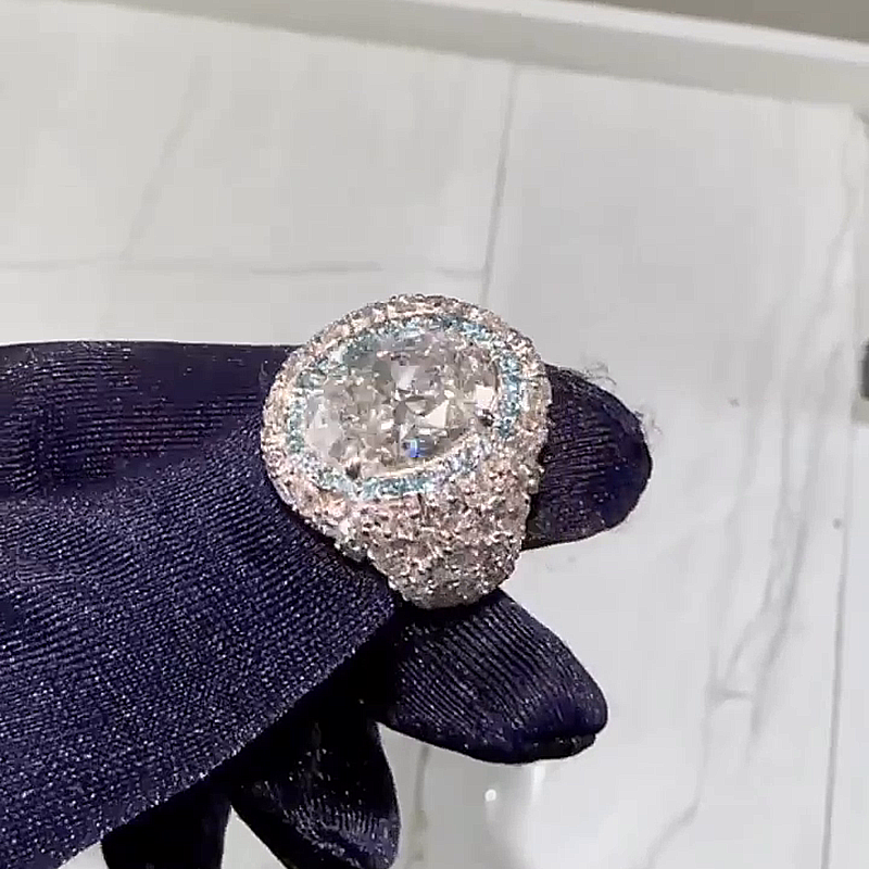 5ct Oval Cut White Sapphire With Aquamarine Halo Handmade Ring