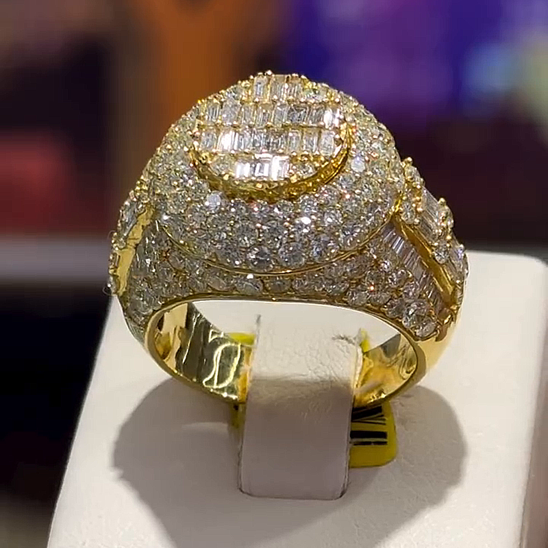 6.38ctw Baguette & Round Cut White Sapphire Yellow Gold Handmade Classic Men's Ring