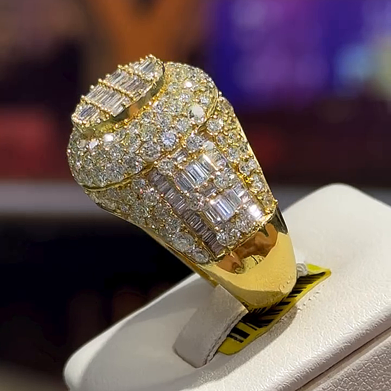 6.38ctw Baguette & Round Cut White Sapphire Yellow Gold Handmade Classic Men's Ring