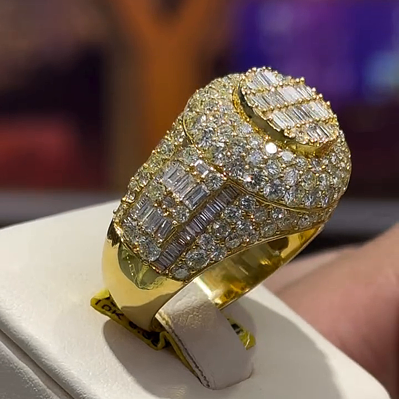 6.38ctw Baguette & Round Cut White Sapphire Yellow Gold Handmade Classic Men's Ring