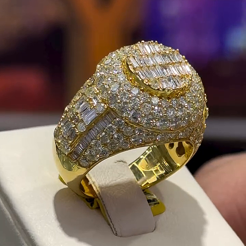 6.38ctw Baguette & Round Cut White Sapphire Yellow Gold Handmade Classic Men's Ring