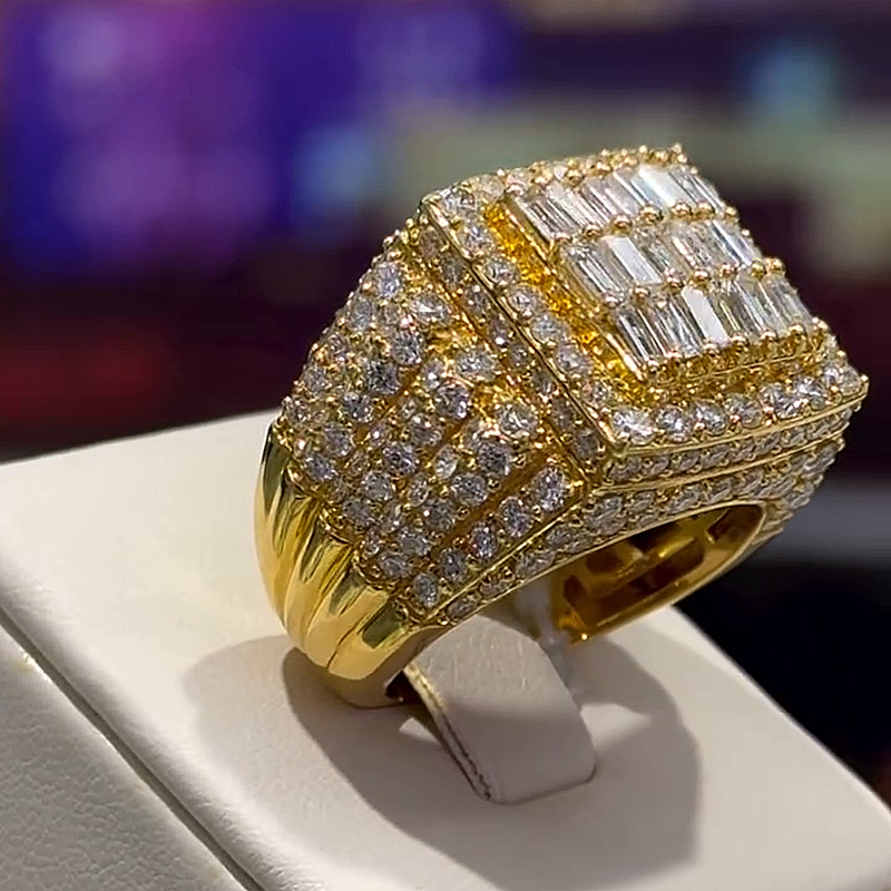 6.17ctw Baguette & Round Cut White Sapphire Yellow Gold Handmade Men's Ring