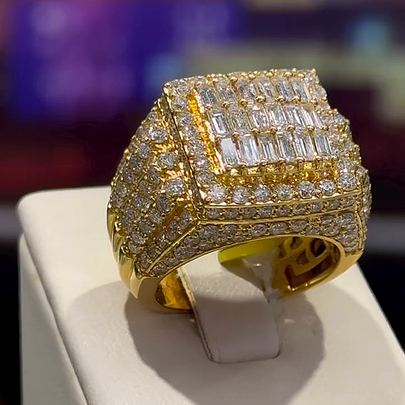 6.17ctw Baguette & Round Cut White Sapphire Yellow Gold Handmade Men's Ring