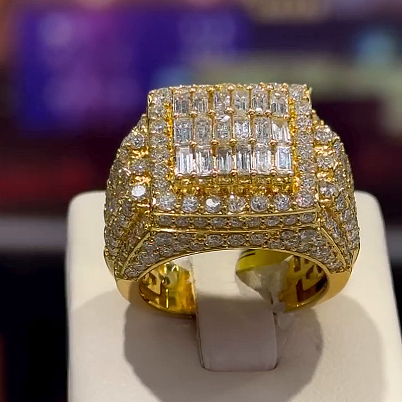 6.17ctw Baguette & Round Cut White Sapphire Yellow Gold Handmade Men's Ring