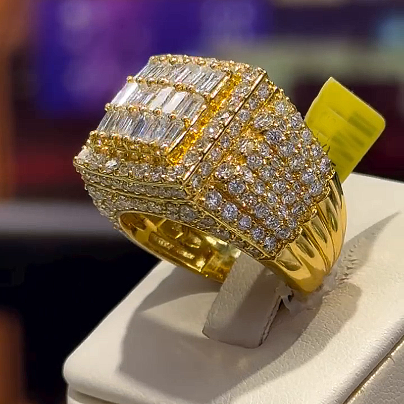 6.17ctw Baguette & Round Cut White Sapphire Yellow Gold Handmade Men's Ring