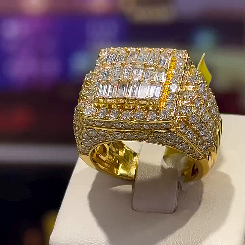 6.17ctw Baguette & Round Cut White Sapphire Yellow Gold Handmade Men's Ring