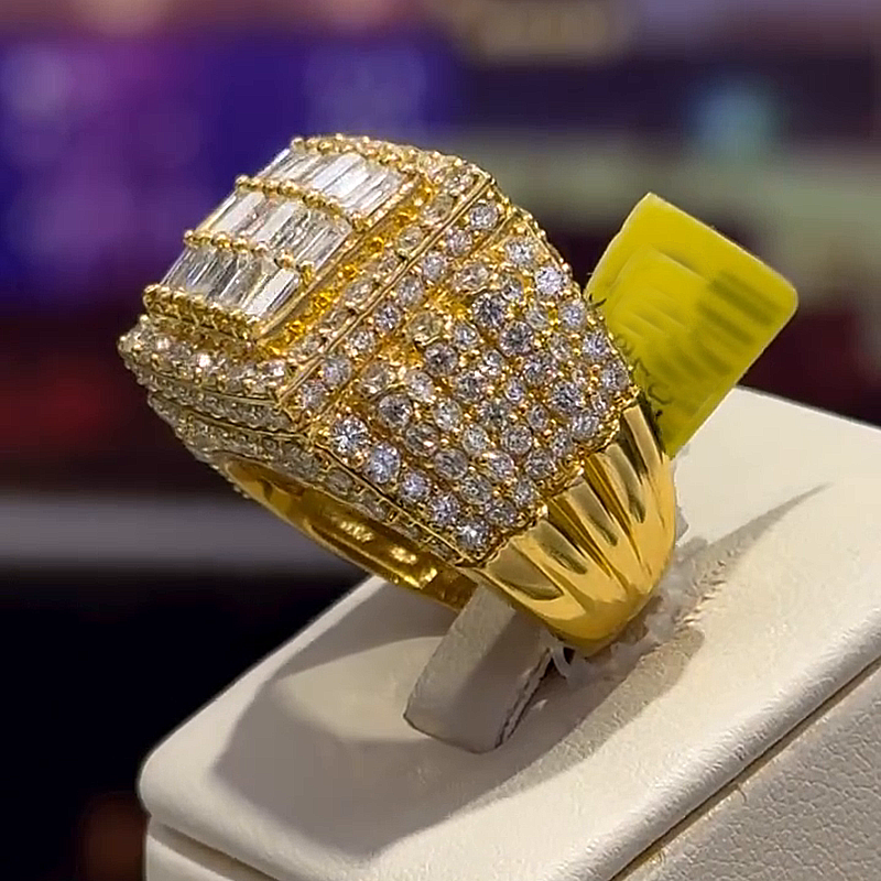 6.17ctw Baguette & Round Cut White Sapphire Yellow Gold Handmade Men's Ring